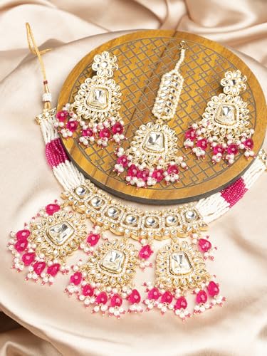 Gold Plated Pink Beaded Poki Jewellery Set with Maangtika